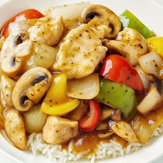 Black Pepper Mushroom and Chicken on Rice 黑椒蘑菇雞球飯
